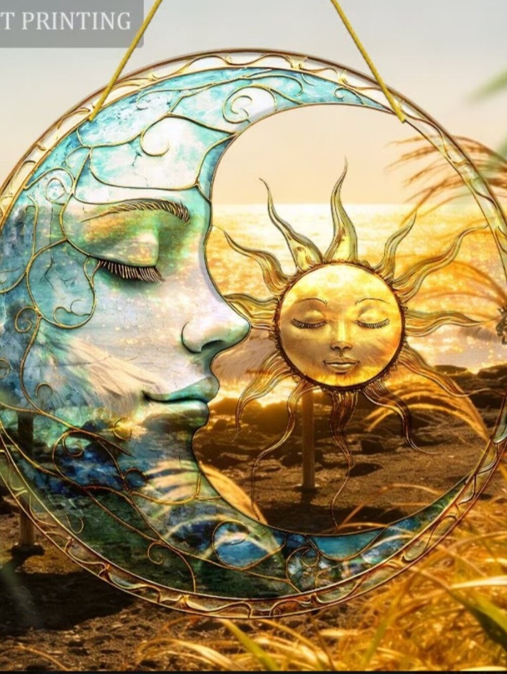 Blue Crescent Moon with Gold Sun Wall Sculpture - Serene Home Art. Acrylic Made. - Picture 3 of 7